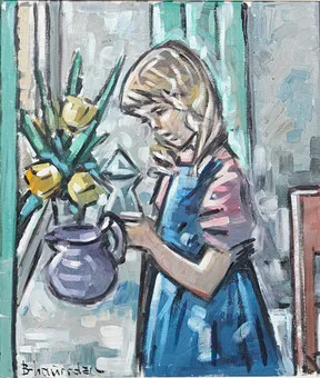 БЕНТ ЛАУРИДСЕН (1926). Девушка с цветами, картина маслом.