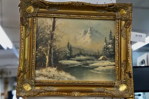 1 oil painting "House by the lake" signed