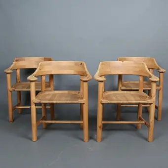 RAINER DAUMILLER. for Hirtshals Savværk, set of 4 chairs / dining chairs, pine, Denmark, 1970s.