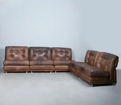 5-piece modular sofa / lounge chairs, leather, 1970s.