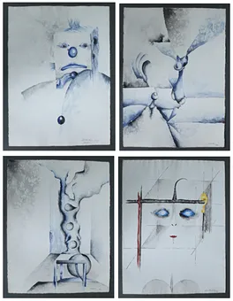 BLÄTTERSTEIN. 4 x mixed media portrait format, signed & dated, approx. 50 x 65 cm.
