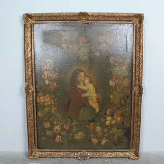 Artiste inconnu, huile sur toile, ''Vierge à l'Enfant dans une couronne de fleurs'' 18e-19e siècle.