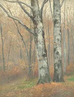 ILLEM, FRANZ JOSEF GEORG. Dwa buki w jesiennym lesie, około 1900, olej na płótnie.