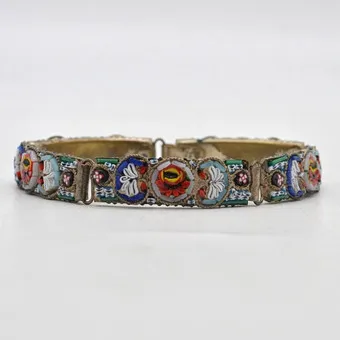 Link bracelet with micromosaic, Murano studio glass, silver-plated setting, Italy, circa 1930s.