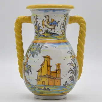 Talavera Ruiz de Luna, vase with rope handles, no. 61, majolica, polychrome, Spain, late 19th century, with base mark.