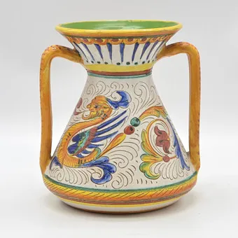 DERUTA, "G.F.", TWO-HANDLED VASE, "RAFFAELLESCO BELLISSIMO", CERAMIC, HAND-PAINTED, ITALY, CIRCA 1970S.