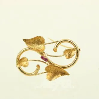 Broche "Blad" met 2 kleine rode stenen