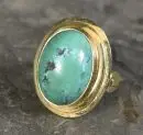 Bague femme – 585 or jaune, env. 8,0 g total, cabochon ovale de turquoise en serti large, taille 52