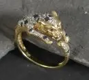 Bague femme – 750 or gris/blanc, env. 3,8 g total, panthère plastique, sertie de nombreux diamants et pierres de couleur, taille 54