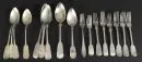 Cutlery pieces, 17 pieces – 13 lot/800 silver, approx. 768 g, handles partly with engraved monogram, 9 soup spoons, 4 dinner and 4 starter forks,…
