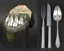 Ménagère, 18 pièces – Argent, 6 cuillères à soupe env. 255 g, 6 couteaux et fourchettes de table avec manches en argent remplis et parties d'usage en acier,…