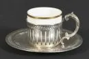 Mocha cup with saucer – 925 silver, approx. 34 g, with porcelain insert (cracked), circa 1900, saucer dented