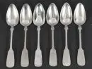 Cuillères à soupe, 6 pièces – argent 750, env. 235 g, manches spatule avec monogramme gravé "FEL" et date 1881, L= 22 cm