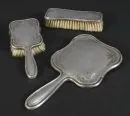 Toiletry set, 3 pieces – silver (tested), engraved floral decor, L= 16-25 cm, 2 brushes, 1 hand mirror, partly dented