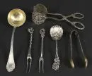 Serving pieces, 6 items – 800/925 silver, approx. 176 g, handles with various decorations, L= 11-19 cm, 2 tongs, forks, 1 spoon,…