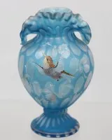 Vase um 1900/10, blaues Gals , Emaillemalerei diese stark berieben, ca. H-14cm