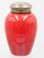 Teedose um 1920, rotes Glas mit floraler Emaillemalerei, Metalldeckel, ca. H-16cm