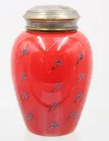 Tea caddy circa 1920, red glass with floral enamel painting, metal lid, approx. H 16 cm