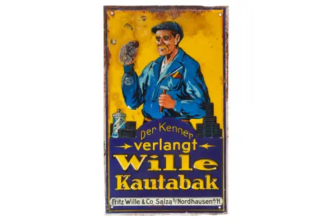 Тиснёная рекламная жестяная вывеска «Wille Kautabak»