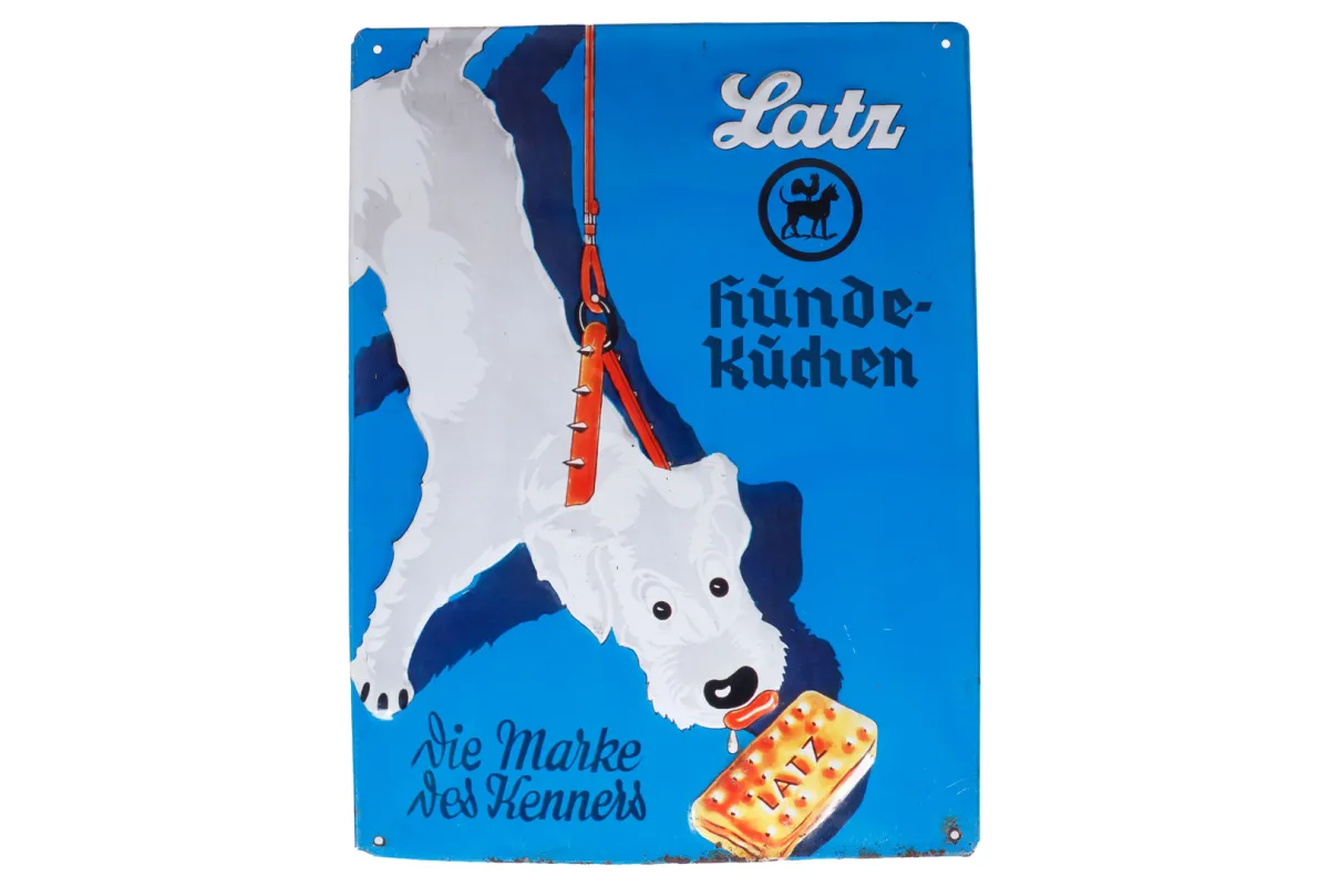 Gebogen en geëmbosseerd blikken reclamebord "Latz Hundekuchen"