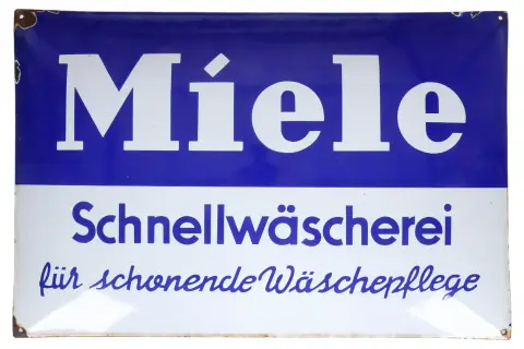 Gebogen geëmailleerd reclameschild "Miele"