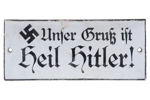 Oud klein bol geëmailleerd bord "Unser Gruß ist ..."