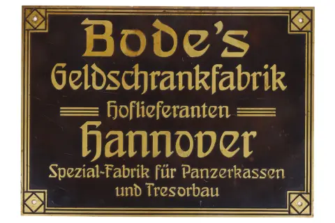 Geëtst messing bord "Bode`s Geldschrankfabrik"