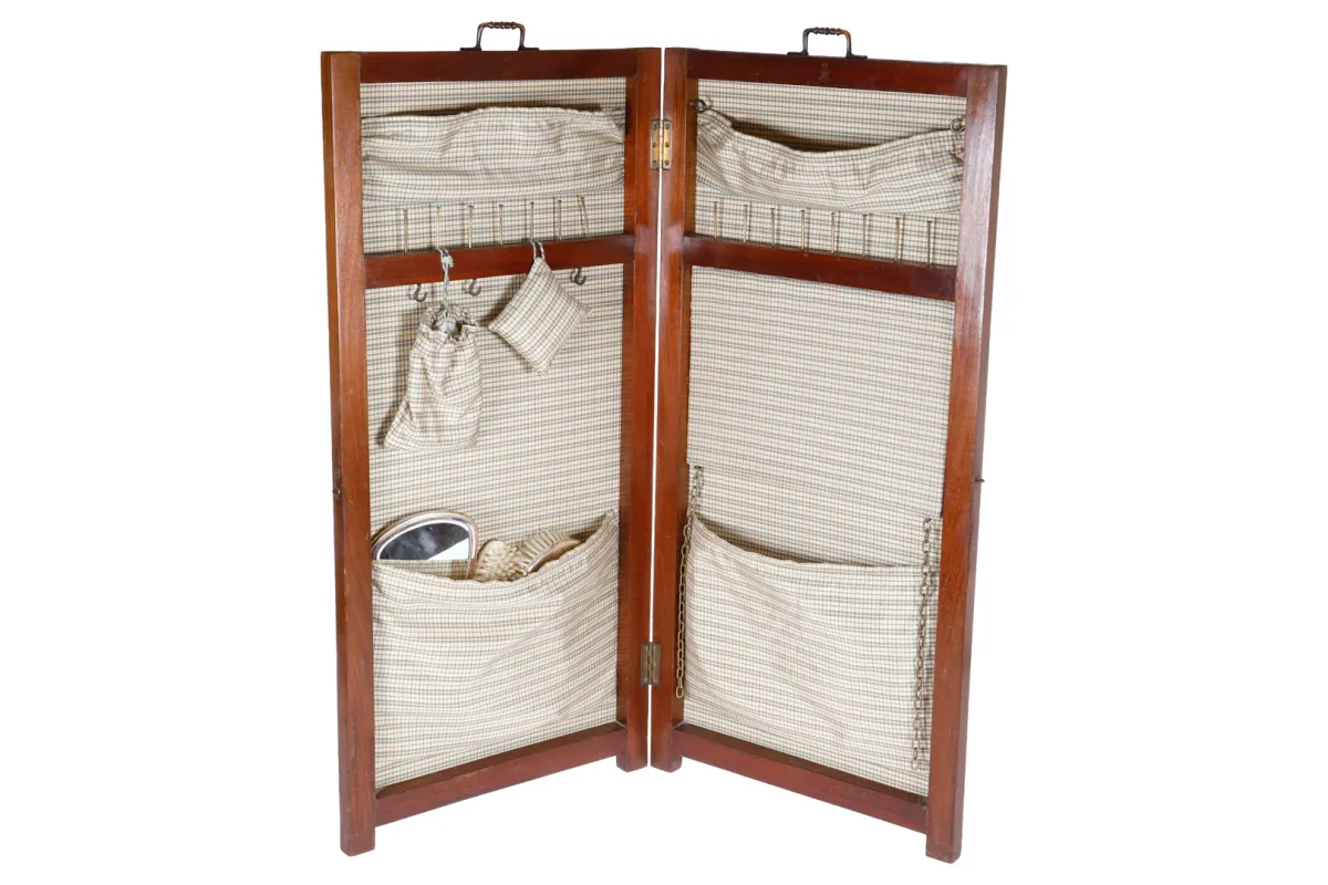 Ladies' travel folding screen, foldable, to open, with mirror and brushes, wooden frame, H 83 cm, rare