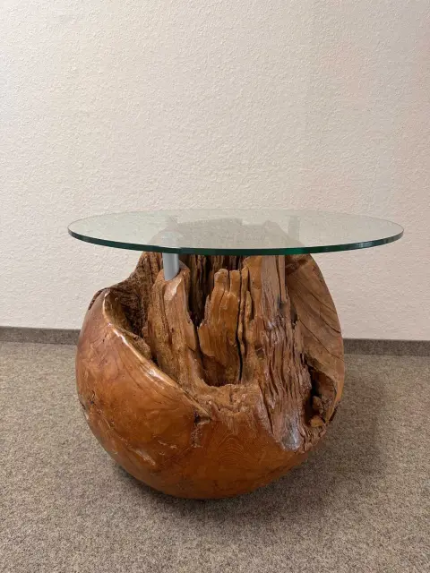 1 teak root ball table with glass top (used)