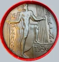 Teilnehmer Bronze Medaille Olympische Spiele 1936 Berlin von Otto Placzek, in orig. runder Pappschachtel, diese etwas beschädigt, Medaille sehr gut erhalten, sammelwürdig, D-ca. 7,5 cm