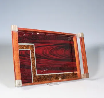 Serviertablett Art Deco, Holz, Glas, 1930er Jahre.