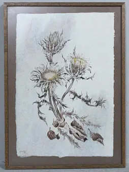 Nieznany artysta, technika mieszana na papierze czerpanym. '' Osty ''.