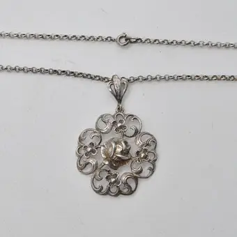 Designer necklace in 835 silver, rose pendant and pea chain, early 20th century, "FBM".