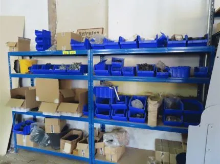 2 metal shelving units, each approx. 1.80 m x 1.50 m, plug-in system, blue, 1 lot of fastening material in storage bins, consisting of: cover caps, plastic, post clamps, starter clamps, middle clamps, corner clamps, galvanised, anthracite and moss green (item 17)
