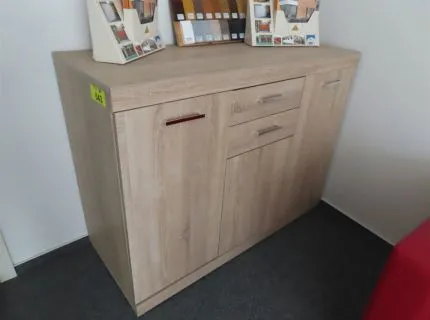 1 sideboard cabinet, 1 m x 1.20 m, with 2 doors and 2 drawers, 1 side table, 0.30 m x 0.50 m, 1 swivel office chair with armrests, worn