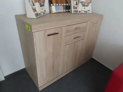 1 sideboard cabinet, 1 m x 1.20 m, with 2 doors and 2 drawers, 1 side table, 0.30 m x 0.50 m, 1 swivel office chair with armrests, worn