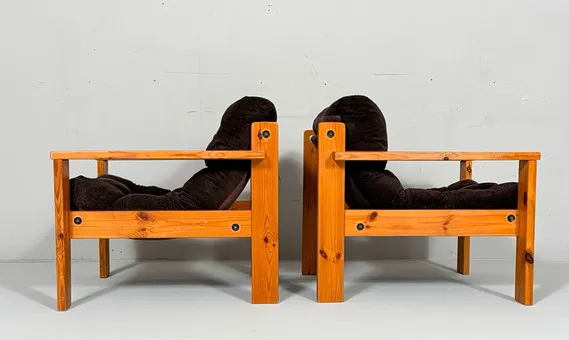 2er Set Mid Century Sessel aus Kiefernholz, Schweden, 1970er Jahre.
