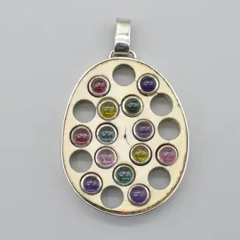 DESIGNER PENDANT, STERLING SILVER - BONE - COLOURED STONES, MID-20TH CENTURY.