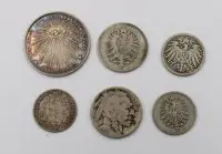 6 vegyes érme, ezüst, 3 Német Birodalom, USA, Franciaország, 1 érem, összesen 21,7 g