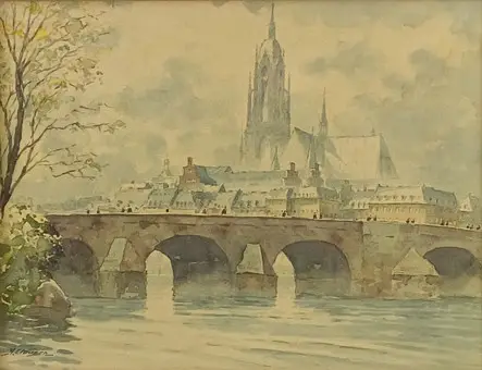 CLAUSEN, HELMUT. Frankfurt am Main, udsigt over Main mod Alte Brücke og Frankfurter Dom St. Bartholomäus, akvarel på papir.