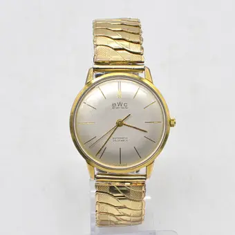 BWC Swiss, ceas de mână, automatic, 25 jewels, carcasă placată cu aur de 20 microni, brățară flexibilă, circa 1950.