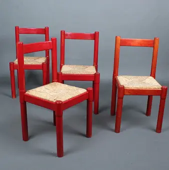 VICO MAGITRETTI. Cassina, vier Stühle / Esszimmerstühle, Modell 'Carimate', Buche, Binsengeflecht, 1980er Jahre, Italien (4).