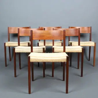 POUL CADOVIUS. Cado (Royal Persiennen), Sechs Esszimmerstühle, Modell '' Pia '', Teak, Papierkordel, Dänemark, Entwurf 1959.