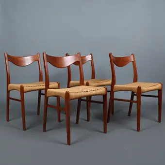 ARNE WAHL IVERSEN. für Glyngöre Stolefabrik, Vier Stühle / Esszimmerstühle, Modell 'GS60', Teak, Kordelgeflecht, 1960er Jahre, Dänemark (4).