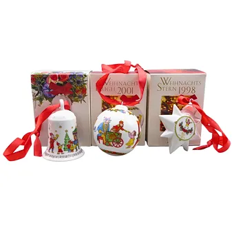 KARÁCSONYI DÍSZEK, 3 RÉSZ, HUTSCHENREUTHER, PORCELÁN, ÉVES KIADÁSOK 1997, 1998 ÉS 2001, EREDETI CSOMAGOLÁSBAN.