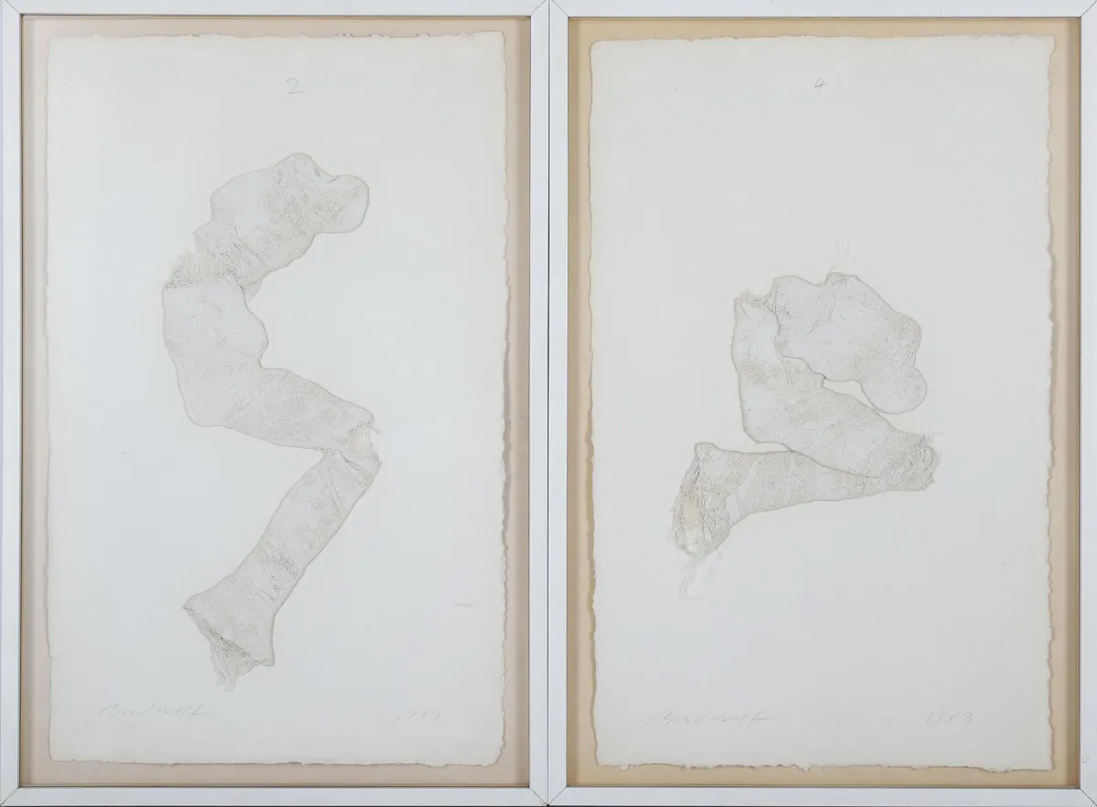 Jürgen Brodwolf, l.u.sig. ja r.u.dat. 1983, Dübendorf 1932 – vaikuttaa Kandernissa, ”Kauernde Figuren”, kaksi pellavakollaasia/…