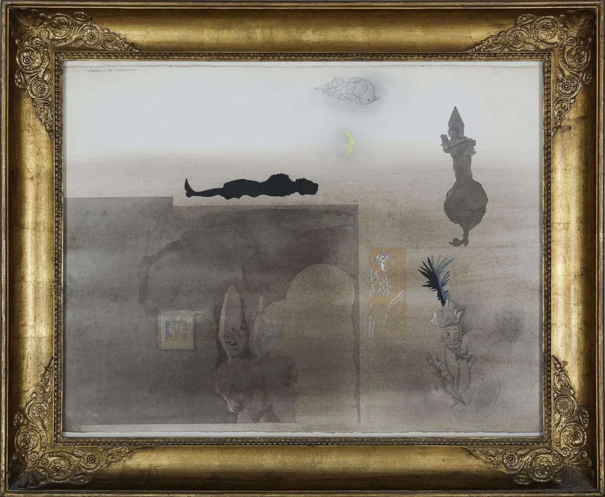 Jorge Castillo, gesigneerd linksonder, plaats en datum Barcelona (19)78, Pontevedra 1933 – actief in Barcelona, "Surrealistisch landschap met…