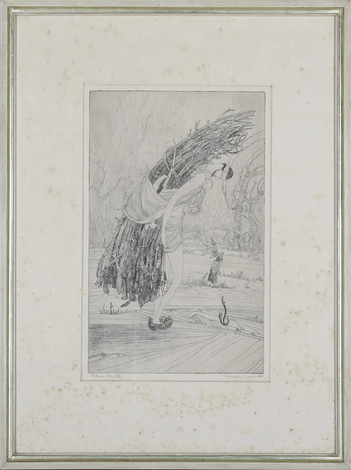 Rahman Chughktai, käsin signeerattu vasemmassa alakulmassa, Lahore 1897 – 1975 samassa kaupungissa, ”A Kashmiri woodcutter”, nimetty, etsaus, 45,3 x 29 cm, homepilkkuja…