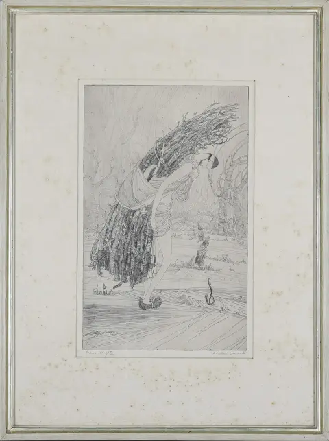 Rahman Chughktai, l.u.handsig., Lahore 1897 – 1975 daselbst, „A Kashmiri woodcutter“, betitelt, Radierung, 45,3 x 29 cm, stockfleckig…