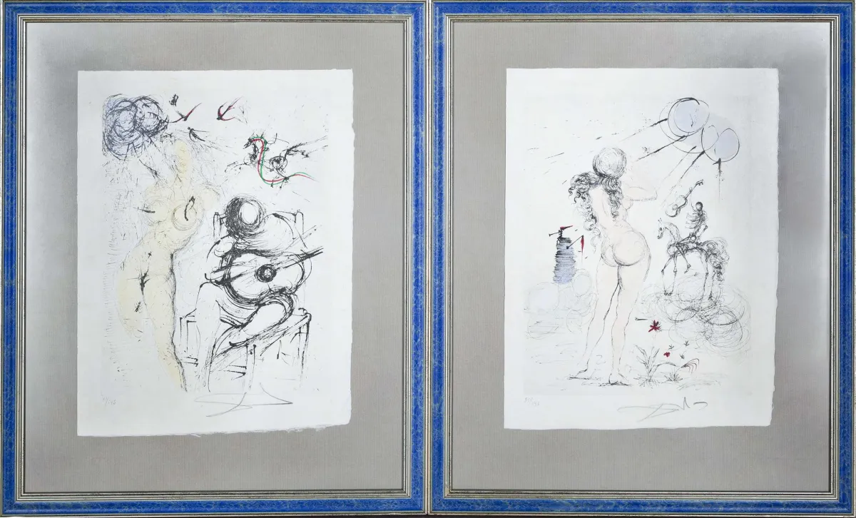 Dali, signeerattu oikeassa alakulmassa sekä kussakin kohokuvaleima, ”Femme à la guitare” ja ”Femme, cheval et la mort”, kaksi värillistä akvatintaa etsauksen päällä/Japan,…